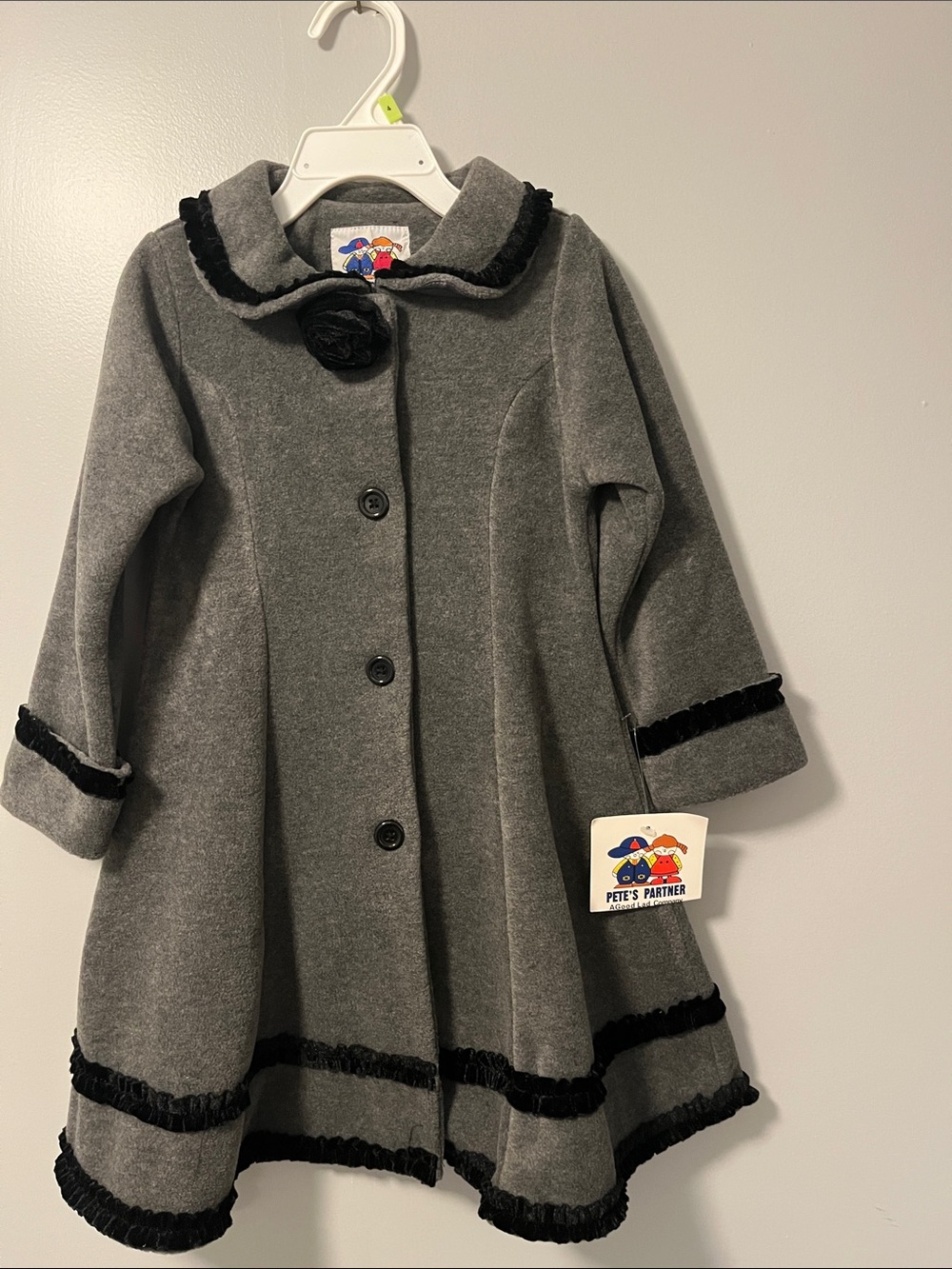 Good Lad Gray Pea Coat with Black Trim and Rosette Accent
